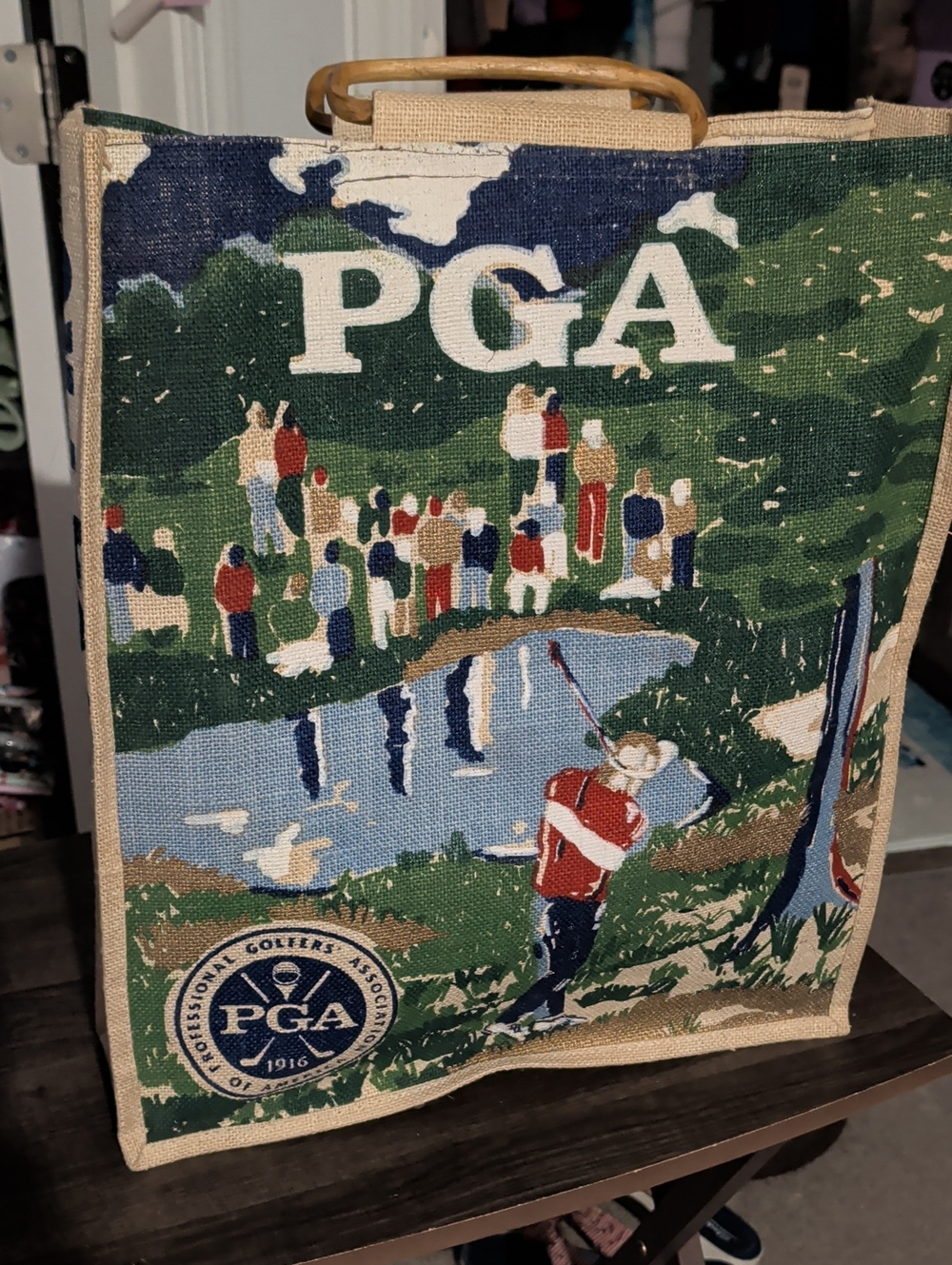 Golf Themed Canvas Tote Bag with Bamboo Handle - Picture 3 of 7